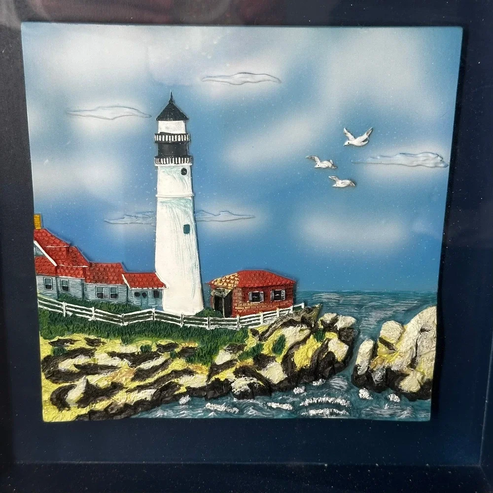 Lighthouse 3D Framed Wall Art 12x12 Blue Gold Coastal Nautical